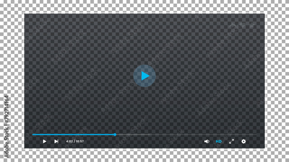 Aufkleber Video player transparent interface. Video screen app layout, web stream player vector UI or live audio control panel overlay. Online media streaming display transparent interface