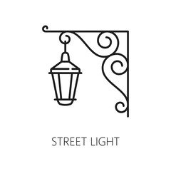 Street light outline icon. Isolated vector classic lamp post with a curved, ornate top and hanging lantern, evoking a charming urban atmosphere. Black and white linear lamppost in vintage style