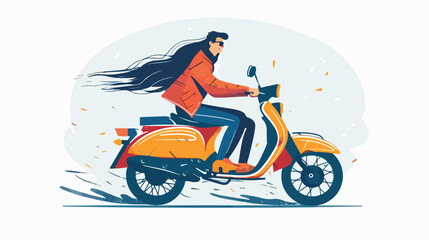 Young man and woman ride a motorcycle. Vector flat style