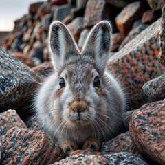 Arctic hare (Lepus arcticus) feeding among rocks faces camera; Arviat, Nunavut, Canada, 8k