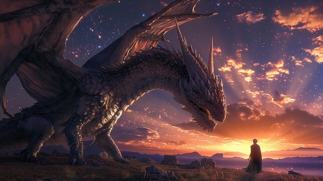 fly dragon with knight with new dawn morning sky, Generative Ai