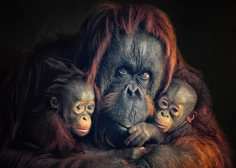 A mother Borneo Orangutang with her babies