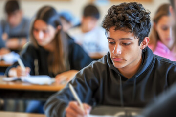 Obraz premium High school students taking exams in a classroom