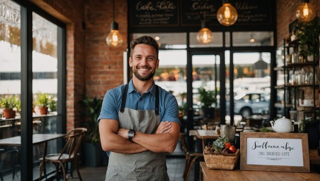 business owner standing at cafe entrance