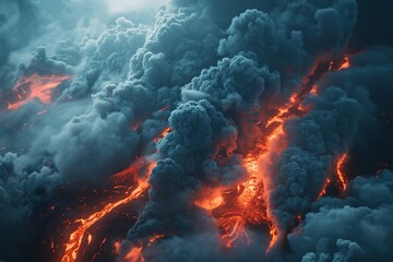 This image portrays a violent volcanic eruption, with massive smoke clouds engulfing the molten lava rivers