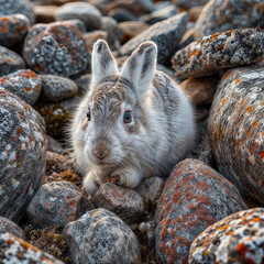 Arctic hare (Lepus arcticus) feeding among rocks faces camera; Arviat, Nunavut, Canada, 8k