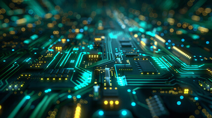 Blue and green circuit board with light trails representing data paths