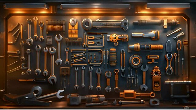 A wall of tools and equipment were neatly arranged on the back shelf, including various screwdriver sets, pliers, and wire.
