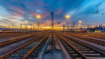 Panorama at main station of Hagen in Westphalia Germany at blue hour twilight. Railway tracks with switches, lamp lights and blurred trains in motion. Colorful railway infrastructure and technology.