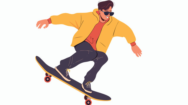 Young man in sunglasses riding a skateboard isolated.