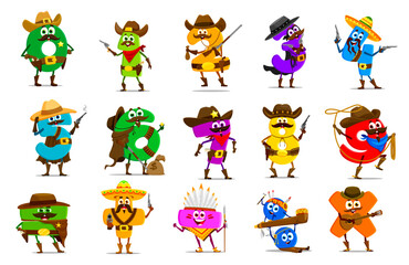 Cartoon cowboy and sheriff, native american math number characters. Vector zero, one and two, three and four, five, six or seven, eight and nine. Plus, minus with division, equal, multiplication signs - 792715772