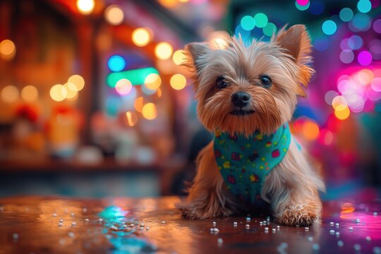 Cute dog puppy on bokeh background  with copy space.
Ideal banner for veterinarian, pet store, funny card and dog biscuit treats