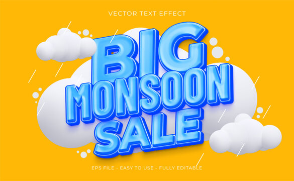 Vector banner for monsoon season sale with text effect editable 3d text style