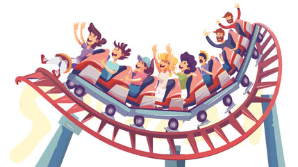 Group of cartoon friends ride roller coaster vector 