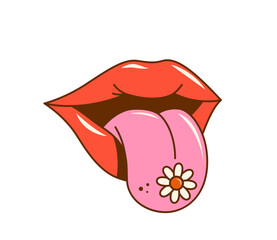 Retro groovy woman lips character with tongue and daisy flower. Open sexy girl mouth vector emoticon with red lipstick and pink tongue. Groovy hippie funky emoji of sexy woman red lips and daisy