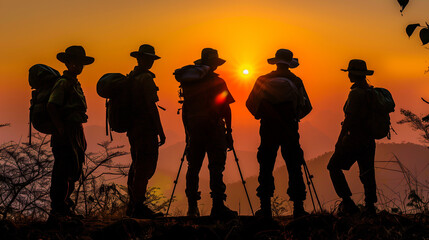 Young hikers silhouettes school group field trip camp at sunrise