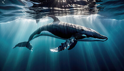 humpback whale swims under the surface of the water - obrazy, fototapety, plakaty