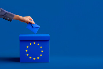 Naklejka premium Voting for the European Union election, a hand putting a ballot paper into a ballot box on a blue background with copy space