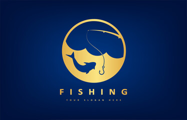 Fishing logo vector. Fish and rod design. Shop everything for fishing. Fishing gear