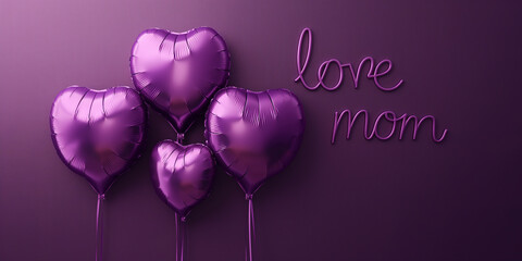 Mother's Day card with love mom text and balloons on a purple background with copy space