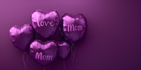 Mother's Day card with love mom text and balloons on a purple background with copy space