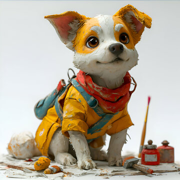 Jack russell terrier in a yellow raincoat with a paint brush