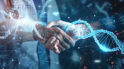 Medical and Business Technology Concept, Close up of a businessman and doctor shaking hand in hospital, with analysis Triangle lines and DNA data, generative ai