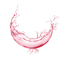 Realistic pink water wave flow splash with drops. 3d round swirl splash of vector pink liquid, fruit juice, berry drink and rose water, fruity syrup, wine and cocktail, cosmetics, food and beverages