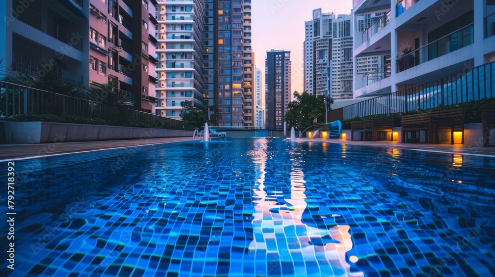 Wall mural Swimming pool among high rise condo buildings, condominium with pool