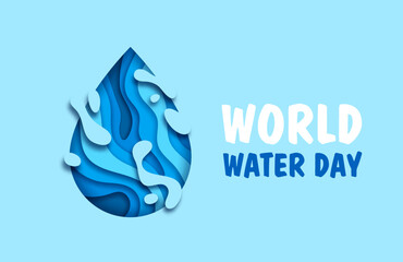 World water day banner with paper cut drop, vector eco concept, save environment, nature and ecology. Fresh blue water drop with 3d papercut aqua splashes, waves and bubbles origami pattern