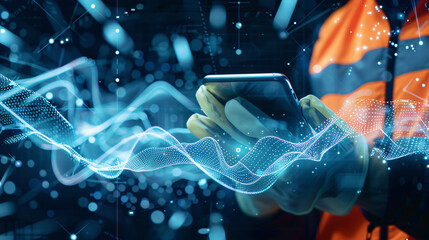 Engineering technology concept, of a engineer in suit holding tablet working, with analysis and control Abstract glowing blue dynamic wave, future, generative ai