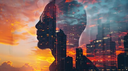 Double exposure image of an man and the sightly skyscraper, sunset colors background.