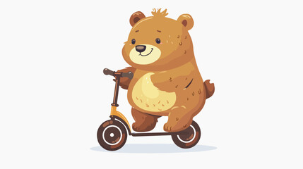 Happy cute bear riding kick scooter. Funny teddy animal