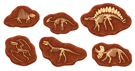Cartoon dinosaur fossil bones in stone. Dino animal skeletons, vector geology, archeology and paleontology science. Tyrannosaurus, triceratops, spinosaurus, stegosaurus, pterodactyl, parasaurolophus