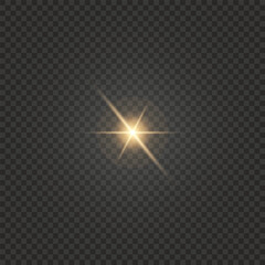 Golden shine on black background. Star ray or sun beam. Sparkling light overlay