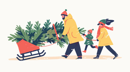 Happy family pulling Christmas fir tree on sleigh. Fa