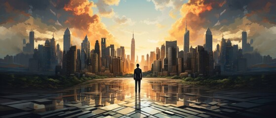 A businessman stands in the middle of a  futuristic city.