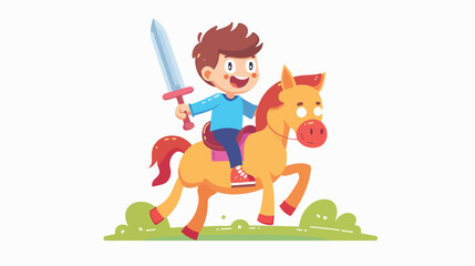 Obraz na płótnie Canvas Happy kid riding hobby horse toy. Cute boy playing
