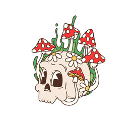 Retro groovy psychedelic skull adorned with amanita mushrooms and daisies elements and symbols. Isolated vector surreal human cranium in vintage hippie or trippy style merging life and death in nature