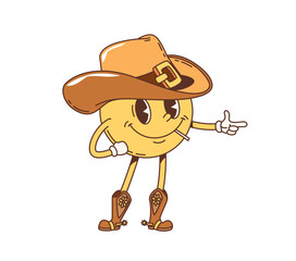 Cartoon Western cowboy smile groovy character. Retro funny emoticon vector personage of Wild West Texas bandit with cowboy hat and boots chewing toothpick. Yellow cowboy smile emoji showing finger gun