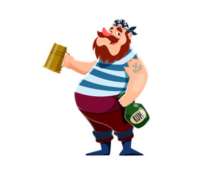 Cartoon pirate sailor character with mug of rum, corsair seaman. Vector seafarer rover in striped vest holding tankard and bottle with drunk grin, embodying a seafaring spirit of adventure and revelry
