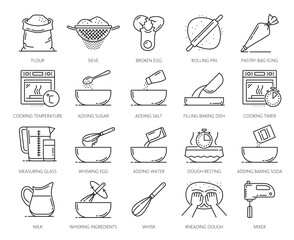 Home bakery and pastry icons, cooking symbols and vector pictogram for recipe preparation. Homemade bread dough or bakery pastry and flour food ingredients and instruction for home baking process