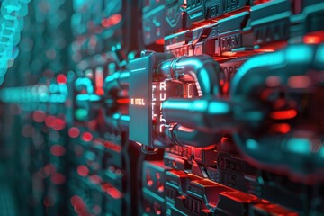 Close Up Shot of Padlock in Data Center Illuminated with Red and Blue Lights - Powered by Adobe