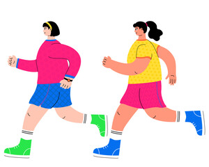 A vibrant illustration featuring two active women running. The illustration is hand-drawn and created in a flat vector style to depict people. Isolated on a white background.