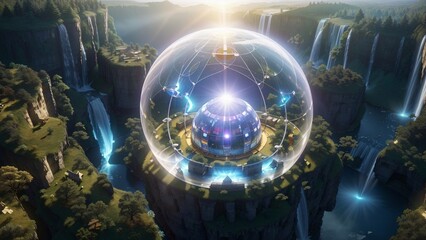 View of 2 spheres in the middle of beautiful landscape with waterfalls and mountains, fantasy scene
