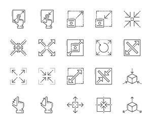 Resize and scale icons. Reduce, zoom and change, expand symbols, vector thin line ui arrows and hands. Size control outline icons set, enlarge, move, shrink or extend, maximize, full screen, minimize