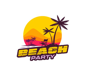 Summer tropical beach party icon, palm trees on resort paradise island, vector emblem. Beach party event or bar club music festival badge with sun and sea silhouette for open air or paradise festival