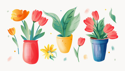 Watercolor style bouquets of flowers in pots, tulips, asters and plant. Hand drawn illustration perfect for gift cards, post cards, greeting cards, t-shirts and other designs, vector illustration