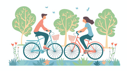 Young woman and man ride the bike in the park. Flat Vector