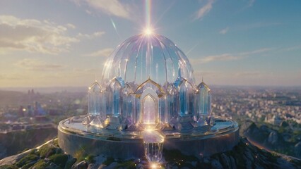 Drone view to the fantasy landscape with city of Light made of crystals